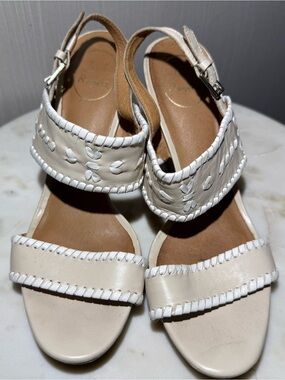 Jack Rogers Cream Leather Wedge Sandals with Whipstitch Detail